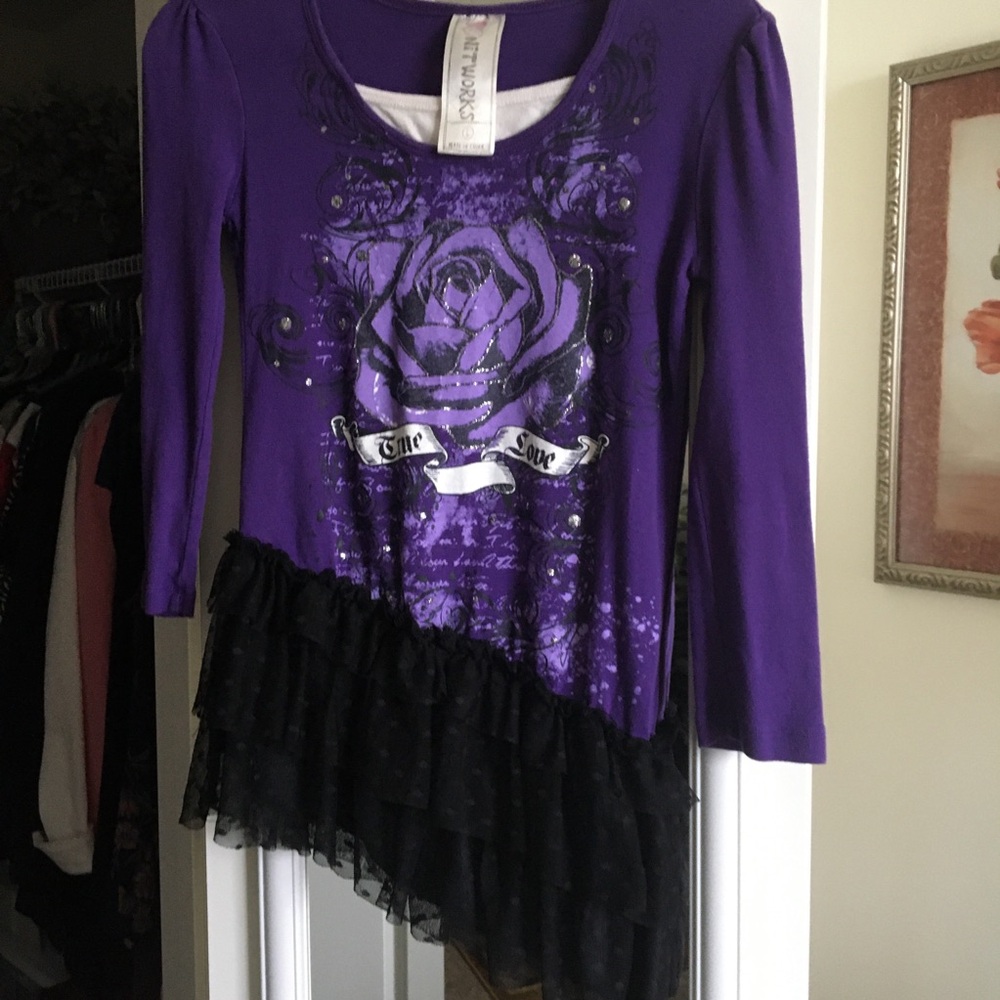 Gymnastics Dance Workout Top by KnitWorks Girl Lg Lined Purple Design Black Lace